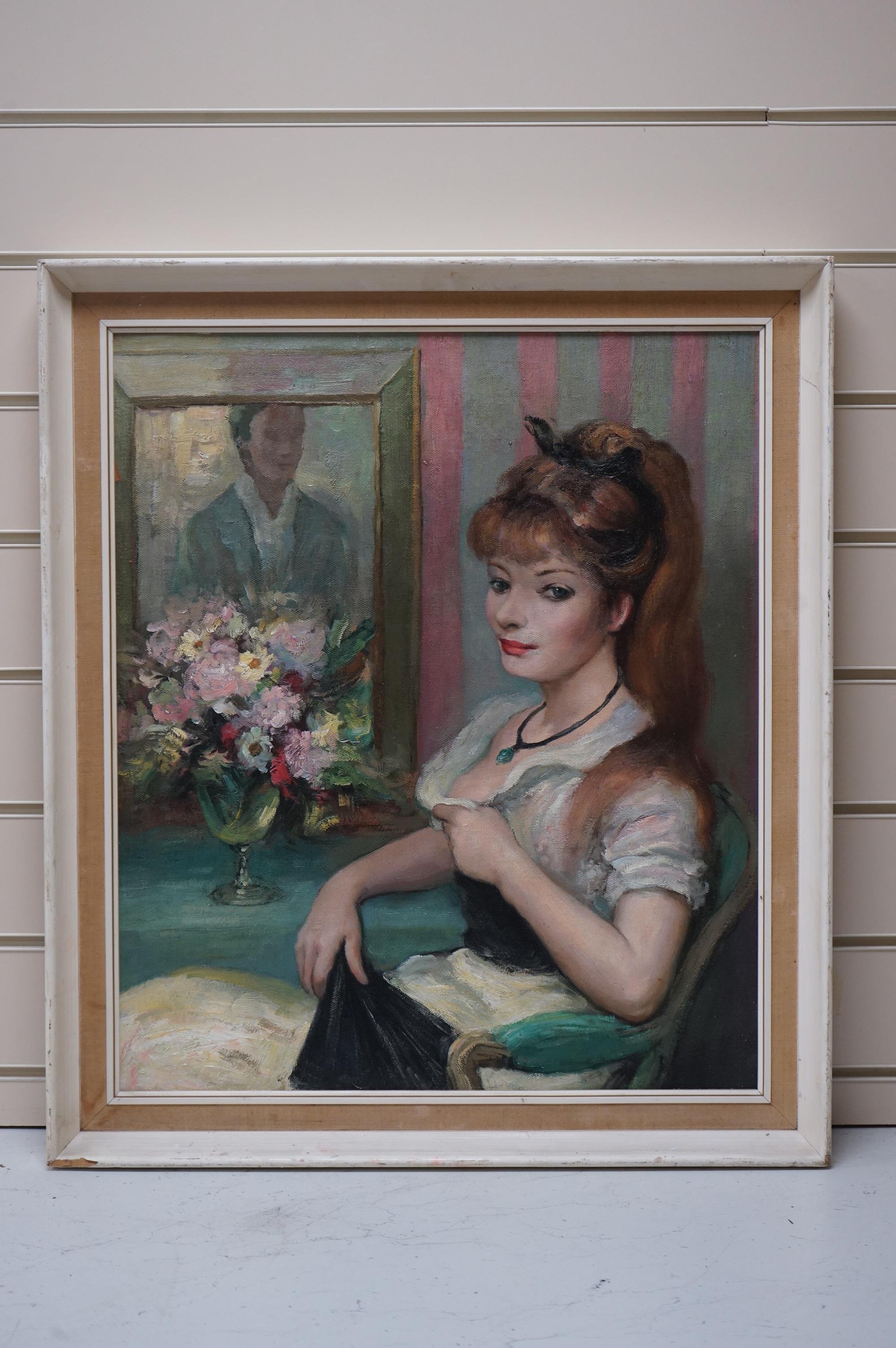 A decorative oil on board, Study of a woman seated before flowers, 54 x 46cm. Condition - good